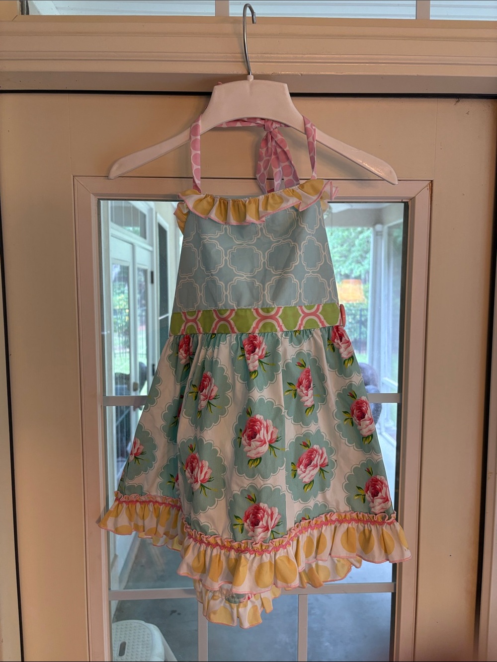 Shrimp and Grits Floral Ruffle Halter Kids Dress in Aqua and Pink